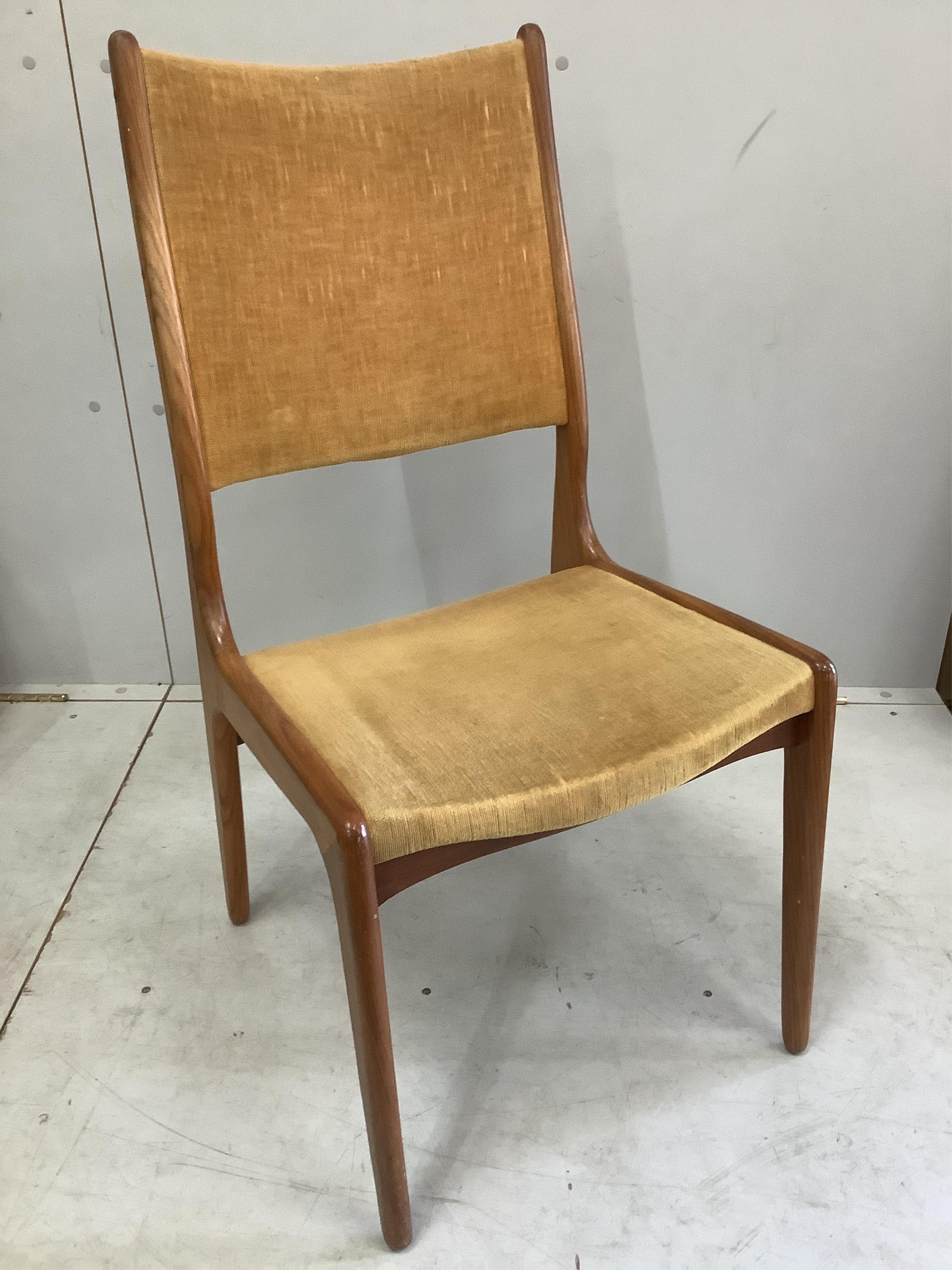 A mid century teak oval extending dining table, width 220cm extended, two spare leaves, depth 120cm, height 72cm and six chairs